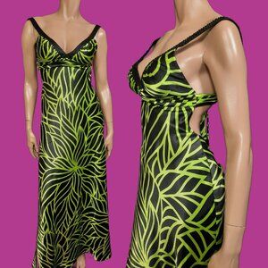 Y2K McBling Satin Maxi Dress Party Cocktail Womens S Black Lime Green Sleeveless